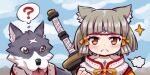  1girl animal animal_ears armor bangs blunt_bangs blush canyne cat_ears cat_girl dog eyebrows_visible_through_hair facial_mark gloves japanese_clothes kamura_(armor) looking_at_viewer ma2acworks monster_hunter_(series) monster_hunter_rise nia_(xenoblade) short_hair silver_hair simple_background solo xenoblade_chronicles_(series) xenoblade_chronicles_2 yellow_eyes 