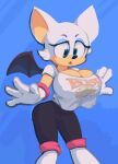  2019 anthro big_breasts blue_background breasts chiropteran clothing female gloves handwear hi_res mammal molaveda rouge_the_bat shirt simple_background solo sonic_the_hedgehog_(series) topwear wings 