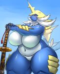  anthro big_breasts blue_body breasts featureless_breasts featureless_crotch female hi_res katana melee_weapon nintendo ocaritna pok&eacute;mon pok&eacute;mon_(species) samurott scar solo sword thick_thighs video_games weapon 