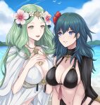  2girls :d bangs bikini black_bikini black_cape blue_eyes blue_hair blue_sky breasts byleth_(fire_emblem) byleth_(fire_emblem)_(female) cape cloud commentary day fire_emblem fire_emblem:_three_houses fire_emblem_heroes flower green_eyes green_hair grin hair_between_eyes hair_flower hair_ornament hibiscus highres large_breasts long_hair looking_at_another multiple_girls navel open_mouth outdoors pink_flower red_flower rhea_(fire_emblem) shimizu_akina sky smile stomach swimsuit symbol_commentary upper_body white_flower white_swimsuit 
