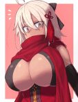  1girl ahoge bow breasts center_opening dark_skin dark_skinned_female fate/grand_order fate_(series) hair_bow hair_ornament highres ishibori_eregomos large_breasts okita_souji_(alter)_(fate) okita_souji_(fate)_(all) scarf 