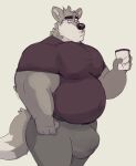  2021 absurd_res anthro belly beverage big_bulge bottomwear bulge canid canine canis clothed clothing coffee cup frown hi_res holding_object male mammal musclegut muscular muscular_anthro muscular_male nipple_outline overweight overweight_anthro overweight_male pants pecs shirt simple_background solo standing tcw topwear white_background wolf 