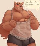  &lt;3 2021 anthro blush bodily_fluids bottomwear bulge canid canine canis clothed clothing clothing_pull dialogue domestic_dog english_text grey_background hi_res looking_at_viewer male mammal muscular muscular_anthro muscular_male nipples pecs shirt shorts simple_background smile smirk solo standing sweat talking_to_viewer tank_top text topwear topwear_pull vitashi 