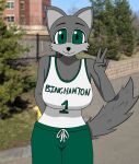  anonymous_artist anthro basketball_shorts baxter_bearcat big_breasts binghamton_university binturong breasts clothed clothing college crossgender female fully_clothed hi_res mammal mascot mtf_crossgender school shirt solo standing tank_top topwear viverrid 