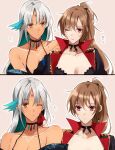  amazuki_jou azur_lane bikini bikini_top bodypaint cheek_pinching cheek_poking choker dark_skin dark_skinned_female earrings facial_mark feathers hair_feathers halterneck high_collar high_ponytail highres jacket jean_bart_(azur_lane) jewelry light_brown_hair massachusetts_(azur_lane) native_american pale_skin pinching poking red_eyes swimsuit white_hair yellow_eyes 