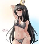  1girl ame-san arm_behind_head arm_up black_bra black_hair black_panties bra breasts cowboy_shot fusou_(kancolle) hair_ornament highres kantai_collection long_hair navel panties red_eyes small_breasts solo standing underwear underwear_only very_long_hair 