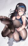  1girl bangs bare_arms bare_shoulders black_hair black_legwear blue_eyes blue_hairband blue_swimsuit blush breasts cameltoe closed_mouth collarbone competition_swimsuit crossed_bangs eyebrows_visible_through_hair feet_up flower full_body girls_frontline hair_flower hair_ornament hairband hands_on_own_thighs highres legs_up long_hair looking_at_viewer lying medium_breasts on_back one-piece_swimsuit pantyhose shirosaba smile solo super_sass_(girls_frontline) swimsuit thighs tile_floor tiles wet 