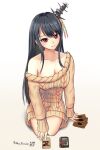  1girl bayern_yamato beige_dress black_hair breasts card cleavage commentary_request dress full_body fusou_(kancolle) kantai_collection long_hair looking_at_viewer medium_breasts off-shoulder_dress off-shoulder_sweater off_shoulder playing_games red_eyes seiza simple_background sitting smile solo sweater sweater_dress white_background yu-gi-oh! 