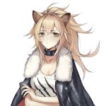  1girl ahoge animal_ears arknights bilibilida black_choker black_jacket blonde_hair breasts chinese_commentary choker cleavage closed_mouth crossed_arms expressionless eyebrows_visible_through_hair floating_hair fur-trimmed_jacket fur_trim hair_between_eyes highres jacket jacket_on_shoulders leather leather_jacket lion_ears long_hair looking_at_viewer medium_breasts ponytail siege_(arknights) simple_background solo studded_choker tank_top upper_body white_background white_tank_top yellow_eyes 