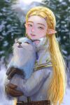  1girl animal blonde_hair coat fox fur_trim gloves green_eyes highres holding holding_animal long_hair looking_at_viewer mountain nuavic open_mouth pine_tree pointy_ears princess_zelda smile snow the_legend_of_zelda the_legend_of_zelda:_breath_of_the_wild tree 