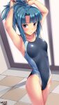  1girl alice_gear_aegis arms_behind_head artist_name black_swimsuit blue_hair breasts collarbone commentary_request cowboy_shot dated high_ponytail highres long_hair looking_at_viewer ponytail purple_eyes small_breasts solo swimsuit takanashi_rei tsuchimiya 