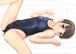  1girl absurdres black_eyes black_hair blue_swimsuit breasts collarbone competition_swimsuit covered_navel feet_out_of_frame highleg highleg_swimsuit highres logo looking_at_viewer lying mizuno one-piece_swimsuit original parted_lips short_hair small_breasts solo spread_legs swimsuit takafumi 