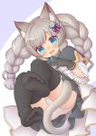  1girl :d animal_ear_fluff animal_ears bangs barefoot black_gloves black_legwear blue_bow blue_capelet blue_eyes blue_neckwear blue_skirt blush borrowed_character bow bowtie braid breasts capelet cat_ears cat_tail center_frills commentary_request commission daisy dutch_angle eyebrows_visible_through_hair feet feet_up finger_to_own_chin flower foot_focus frills gloves gold_trim grey_hair hair_flower hair_ornament hand_up kupuru_(hirumamiyuu) looking_at_viewer open_mouth original panties simple_background skeb_commission skirt sleeves_past_elbows small_breasts smile soles solo tail thighhighs toes twin_braids twintails underwear upskirt white_background white_flower white_panties wide_sleeves 