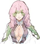  1girl artist_name black_jacket blush braid breasts cleavage closed_mouth collared_shirt commentary gakuran green_eyes green_hair hair_between_eyes haori jacket japanese_clothes kanroji_mitsuri kimetsu_no_yaiba large_breasts lips long_hair looking_at_viewer matsumotoasumu no_bra partially_unbuttoned pink_hair school_uniform shirt signature simple_background smile solo traditional_media twin_braids white_background white_shirt 