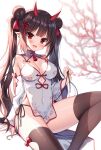  1girl :d bare_shoulders black_hair black_panties breasts brown_legwear china_dress chinese_clothes cleavage cleavage_cutout clothing_cutout covered_navel detached_sleeves double_bun dress hair_ribbon horns large_breasts long_hair long_sleeves looking_at_viewer mauve open_mouth original panties pelvic_curtain pointy_ears red_eyes ribbon short_dress side-tie_panties side-tie_peek sidelocks sitting smile solo thighhighs thighs twintails underwear very_long_hair white_dress 