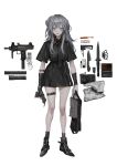  1girl absurdres bag brass_knuckles digital_media_player equipment_layout flashlight grey_eyes gun highres holding holding_bag ipod knife lm7_(op-center) machine_pistol magazine_(weapon) mini_uzi necktie original shoes silver_hair smile submachine_gun thigh_strap thighs toothbrush weapon white_background 