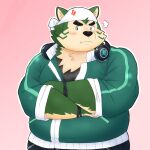  2021 angry anthro blush canid canine canis domestic_dog fur green_body green_fur headphones headphones_around_neck hi_res kemono live-a-hero male mammal mokdai overweight overweight_male solo video_games yaki_atsuage 