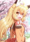  2021 ahoge animal_humanoid blonde_hair blurred_background breasts brown_body brown_fur canid canid_humanoid canine canine_humanoid cherry_blossom clothed clothing cute_fangs day dipstick_ears female fox_humanoid fur glistening glistening_hair grass hair happy hi_res horokusa0519 humanoid inner_ear_fluff long_hair looking_at_viewer looking_back mammal mammal_humanoid multicolored_ears open_mouth open_smile outside plant pupils sky slit_pupils smile solo tongue topwear tree tuft white_body white_fur yellow_body yellow_eyes yellow_fur 