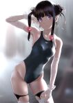  1girl arm_up armpits bangs bare_shoulders black_hair black_swimsuit blush breasts commentary_request competition_swimsuit cowboy_shot double_bun elbow_gloves garter_straps gloves goggles hair_bobbles hair_ornament highleg highleg_swimsuit highres long_hair looking_at_viewer medium_breasts one-piece_swimsuit original purple_eyes sidelocks simple_background skindentation smile solo swimsuit thigh_strap thighs wa_(genryusui) 
