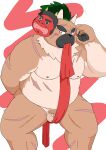  2021 anthro asian_clothing balls belly blush brown_body brown_fur canid canine canis clothing domestic_dog east_asian_clothing fundoshi fur genitals humanoid_hands inunodaidokoro japanese_clothing kemono male mammal mask moobs nipples overweight overweight_male penis scar solo tokyo_afterschool_summoners underwear video_games yasuyori 