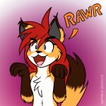  anthro blue_eyes canid canine chest_tuft dipstick_ears dipstick_tail eyebrow_through_hair eyebrows fangs female fox fur hair jknewlife mammal multicolored_ears multicolored_tail open_mouth orange_body orange_fur paws raised_paw rawr sara_aria simple_background solo text tongue translucent translucent_hair tuft white_body white_fur 