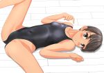  1girl absurdres black_eyes black_hair black_swimsuit breasts collarbone commentary_request competition_swimsuit covered_navel feet_out_of_frame highleg highleg_swimsuit highres logo looking_at_viewer lying mizuno one-piece_swimsuit original parted_lips short_hair small_breasts solo spread_legs swimsuit takafumi tan tanline 