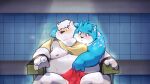  2021 anthro balls_outline belly blue_body blue_fur blush bodily_fluids bulge canid canine clothing duo fur genital_outline hi_res kemono male mammal moobs nipples overweight overweight_male penis_outline qqmelon888 sitting sweat underwear white_body white_fur 