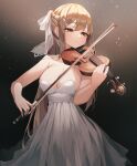  1girl bare_arms bare_shoulders bow_(instrument) braid breasts brown_eyes brown_hair cleavage dark_background dress gradient gradient_background hair_ornament hair_ribbon highres holding holding_instrument instrument large_breasts long_hair munseonghwa music no_bra original playing_instrument ponytail ribbon sidelocks sleeveless sleeveless_dress solo standing strapless strapless_dress very_long_hair violin white_dress 