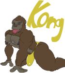  absurd_res anthro ape bodily_fluids bulge butt clothing fur haplorhine hi_res king_kong male mammal muscular nipples one_eye_closed primate raccoon_mints solo sweat teeth thong tongue tongue_out underwear wink 