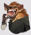  ambiguous_gender anthro armor black_claws claws gnoll hand_wraps hi_res hyaenid majinbanzai mammal open_mouth pupils scar small_pupils solo spotted_hyena teeth tongue tongue_out wraps zahraa 