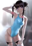  1girl arm_up armpits bangs bare_shoulders black_hair blue_swimsuit blush breasts commentary_request competition_swimsuit cowboy_shot double_bun elbow_gloves garter_straps gloves hair_bobbles hair_ornament highleg highleg_swimsuit highres long_hair looking_at_viewer medium_breasts one-piece_swimsuit original purple_eyes sidelocks simple_background skindentation smile solo swimsuit thigh_strap thighhighs thighs wa_(genryusui) 