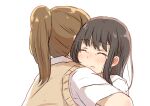  2girls ^_^ bangs betock black_hair blush brown_hair brown_vest closed_eyes collared_shirt ear_blush eyebrows_visible_through_hair highres hug long_hair multiple_girls original ponytail school_uniform shirt simple_background sweater_vest teardrop vest white_background white_shirt yuri 