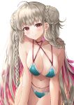  1girl absurdres ahoge azur_lane bare_arms bare_shoulders bikini blue_bikini braid breasts cleavage double_bun feathered_wings formidable_(azur_lane) formidable_(the_lady_of_the_beach)_(azur_lane) fujimori_shiki grey_hair highres large_breasts long_hair looking_at_viewer navel parted_lips red_eyes simple_background solo stomach swimsuit thigh_gap thighs twin_braids very_long_hair white_background wings 