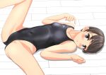  1girl absurdres black_eyes black_hair black_swimsuit breasts collarbone competition_swimsuit covered_navel feet_out_of_frame highleg highleg_swimsuit highres logo looking_at_viewer lying mizuno one-piece_swimsuit original parted_lips short_hair small_breasts solo spread_legs swimsuit takafumi 