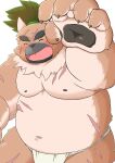  2021 anthro asian_clothing belly blush brown_body brown_fur canid canine canis clothing domestic_dog east_asian_clothing eyes_closed fundoshi fur hi_res inunodaidokoro japanese_clothing kemono male mammal moobs navel nipples overweight overweight_male scar simple_background solo tokyo_afterschool_summoners underwear video_games white_background yasuyori 