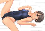  1girl absurdres black_eyes black_hair blue_swimsuit breasts collarbone competition_swimsuit covered_navel feet_out_of_frame highleg highleg_swimsuit highres logo looking_at_viewer lying mizuno one-piece_swimsuit original parted_lips short_hair small_breasts solo spread_legs swimsuit takafumi tan tanline 