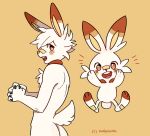  2019 alternate_form ambiguous_gender anthro blush chest_tuft duo feral fur hands_together jumping looking_at_viewer looking_back male multicolored_body nintendo open_mouth open_smile pok&eacute;mon pok&eacute;mon_(species) raised_arms scorbunny simple_background smile sunlessnite tuft video_games watermark white_body white_fur young 