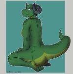  absurd_res anthro anus breasts countershading curved_horn dragon eyeshadow feet female green_body grin head_turned hi_res horn kneeling lipstick looking_at_viewer makeup narrowed_eyes pose raised_tail red_eyes scalie side_boob simple_background smile solo toes western_dragon zspartancats 
