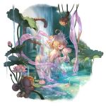  1girl alpha_transparency andira_(granblue_fantasy) animal_ears bangs bare_shoulders blonde_hair blush breasts cleavage collarbone detached_sleeves double_bun erune eyebrows_visible_through_hair fish flower granblue_fantasy hair_flower hair_ornament lily_pad minaba_hideo monkey monkey_ears monkey_tail official_art one-piece_swimsuit open_mouth short_hair small_breasts smile standing swimsuit tail thighlet transparent_background two_side_up wading water waterfall wet 
