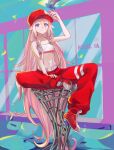  absurdly_long_hair andedalive baggy_pants bird bird_on_finger blue_eyes character_name commentary english_commentary falling_feathers feathers hair_flaps hand_on_headwear hand_on_leg hand_up hat highres ia_(vocaloid) long_hair looking_at_viewer midriff navel pants pink_hair red_footwear red_headwear red_pants shoes sitting smile sneakers song_name stomach strapless tubetop very_long_hair vocaloid white_tubetop window 