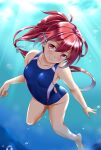  1girl air_bubble barefoot blue_swimsuit breasts bubble collarbone commission competition_swimsuit day diving eyebrows_visible_through_hair hair_between_eyes hair_ribbon highres i-168_(kancolle) kantai_collection looking_at_viewer ocean one-piece_swimsuit pink_hair ponytail red_eyes red_hair ribbon skeb_commission small_breasts solo sunlight swimming swimsuit tri_tails tsuchimiya underwater water 