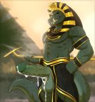  abs anthro balls black_clothing bodily_fluids clothing crocodile crocodilian crocodylid cum egyptian egyptian_headdress erection genital_fluids genitals gold_(metal) green_body green_penis hi_res humanoid_genitalia humanoid_penis looking_at_viewer male muscular muscular_anthro muscular_male penis reptile scalie sobek solo staff tridark yellow_eyes 