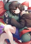  1boy androgynous brown_hair closed_mouth eyebrows_visible_through_hair film_grain flower fy_fei_xiao_ya highres holding holding_stuffed_toy hood hood_down hoodie isoi_haruki long_sleeves male_focus otoko_no_ko purple_flower red_eyes red_ribbon ribbon saibou_shinkyoku shorts sleeves_past_wrists smile solo spoilers stuffed_animal stuffed_toy 