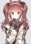  1girl :o a.a_(aa772) angelina_(arknights) animal_ears arknights bangs black_gloves blush brown_hair collar eyebrows_visible_through_hair fox_ears gloves glowing hairband hand_up highres jacket long_hair long_sleeves looking_at_viewer open_clothes open_jacket parted_lips red_eyes red_hairband sidelocks simple_background solo twintails two-tone_hairband upper_body white_background white_jacket 