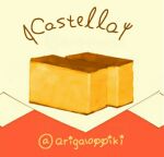  arinko_(a_ringo_hoppe) artist_name cake castella_(food) commentary_request dessert english_text food food_focus fork jpeg_artifacts knife no_humans original signature simple_background star_(symbol) still_life twitter_username yellow_background 