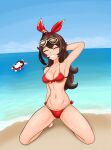  1girl absurdres amber_(genshin_impact) animal_ears baron_bunny_(genshin_impact) beach bikini breasts brown_hair bunny_ears genshin_impact goggles hair_ribbon highres large_breasts long_hair md5_mismatch ocean red_ribbon resolution_mismatch ribbon sky smile snowbroke source_larger summer swimsuit tan water wet wet_hair 