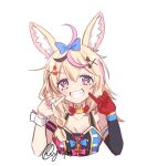 1girl animal_ears blonde_hair blue_bow bow bow_choker breasts cleavage fox_ears fox_girl gloves hair_bow hair_ornament hairclip head_tilt highres hololive medium_breasts omaru_polka pointing pointing_at_self purple_eyes red_gloves single_glove smile solo star_(symbol) star_in_eye symbol_in_eye upper_body vyolfers white_background 