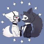  ? ambiguous_gender anthro black_body black_fur blue_background canid canine canis changed_(video_game) clothing dr._k_(changed) duo fchicken fur looking_at_another male male/male mammal mask necktie puro_(changed) red_eyes simple_background star suit tugging_clothing white_body white_eyes white_fur wolf 