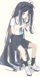  absurdres arisu_(blue_archive) blue_archive blue_eyes blush chair dark_blue_hair fkurou_p full_body game_console headband highres long_hair necktie no_jacket playing_games school_uniform shoes simple_background sitting very_long_hair white_background 