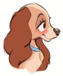  2021 blush brown_body brown_fur canid canine canis collar collar_tag disney domestic_dog ears_down eyelashes female feral fur lady_(lady_and_the_tramp) lady_and_the_tramp mammal pivoted_ears side_view simple_background smile solo tan_body tan_fur tohupo white_background 